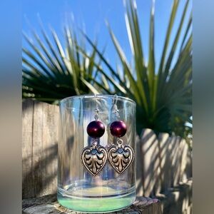 Handmade Silver Heart Earrings with Purple faux pearl Accents